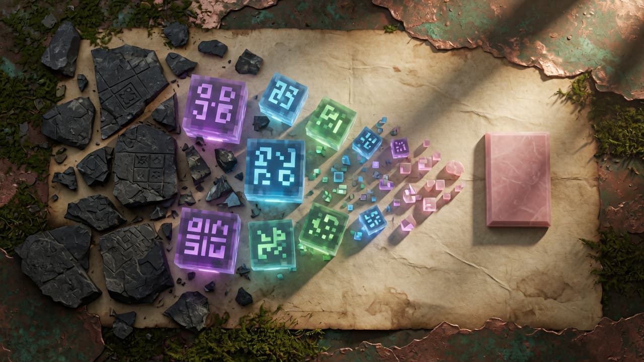 Stone UUID fragments dissolving into a single rose color chip